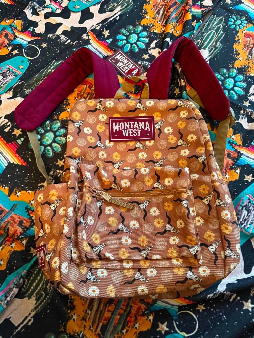 Montana West Tan Floral & Steerhead Backpack with Burgundy Straps